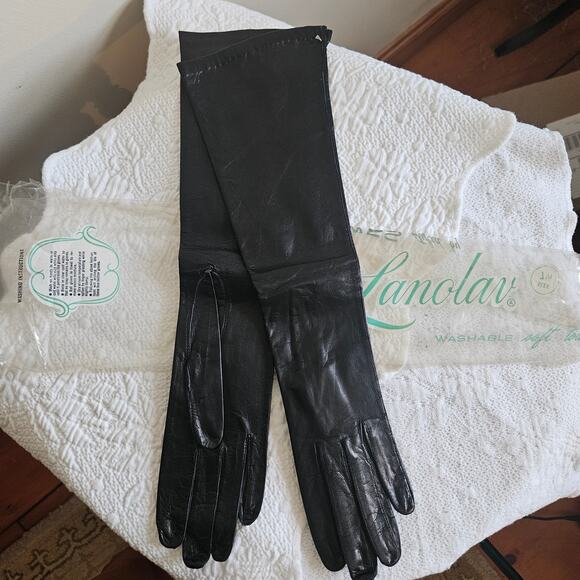 New, Vintage Woman's Lanolav Long Brown Silk Lined Evening Gloves, Sz 7.5 - Picture 2 of 4